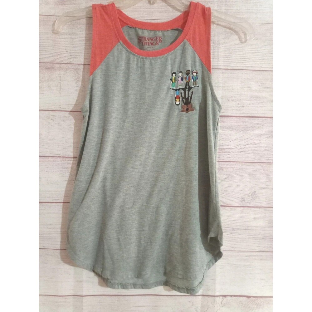 Stranger Things Tank Tee Size Large  Embroidered Characters Pink Grey Top Shirt